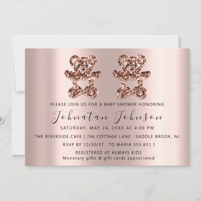 Invitación Purpurina de Baby Shower Rosa gemelos Chica de oso (Anverso)