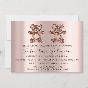 Invitación Purpurina de Baby Shower Rosa gemelos Chica de oso