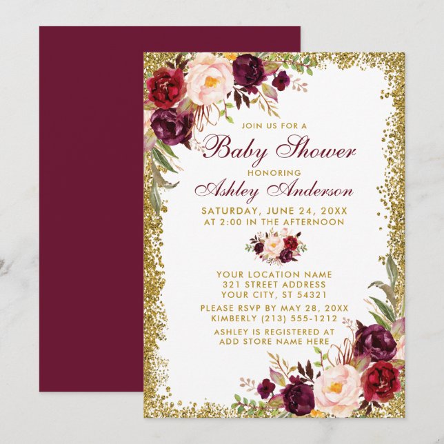 Invitación Purpurina de Baby Shower Watercolor Burgundy Flora (Anverso / Reverso)