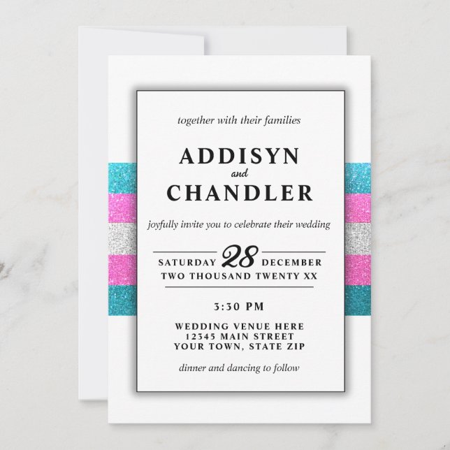 Invitación PURPURINA de Boda blanco moderno de Moda trans de  (Anverso)