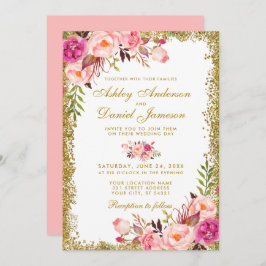 Invitación Purpurina de Boda Rubor color floral rosa