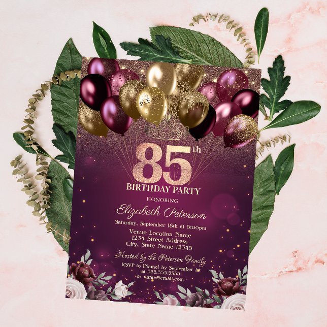 Invitación Purpurina de Borgoña Flores de globo (Subido por el creador)