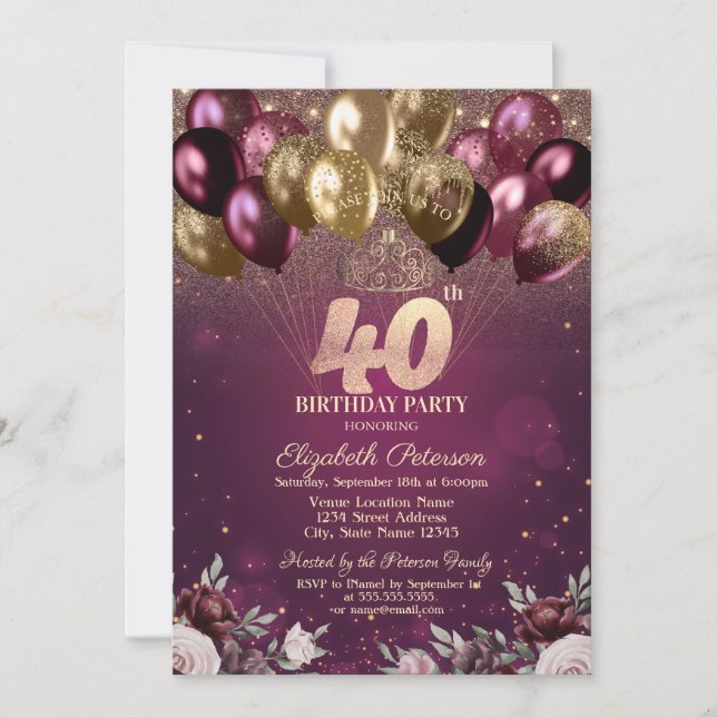 Invitación Purpurina de Borgoña Flores de globo celebra 40 añ (Anverso)