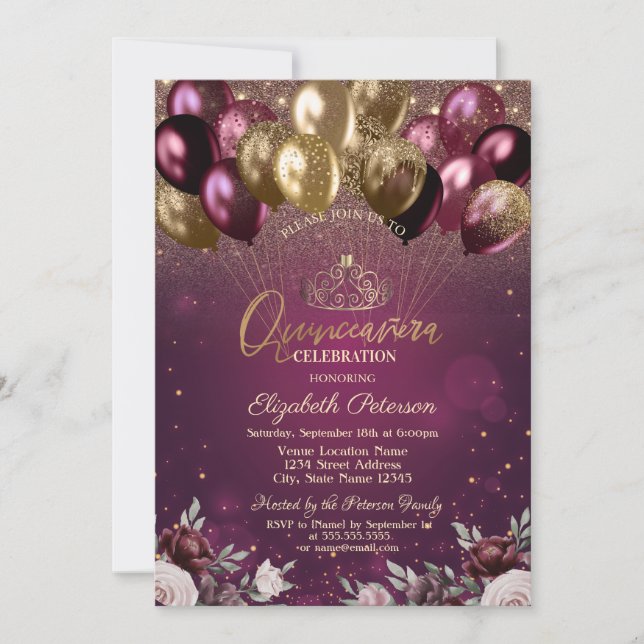Invitación Purpurina de Borgoña Flores de globo Quinceañera (Anverso)