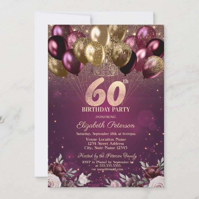 Invitación Purpurina de Borgoña Flores en Globos Cumpleaños 6 (Anverso)
