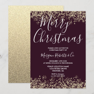 Invitación Purpurina de Borgoña y Oro Feliz Fiesta de Navidad