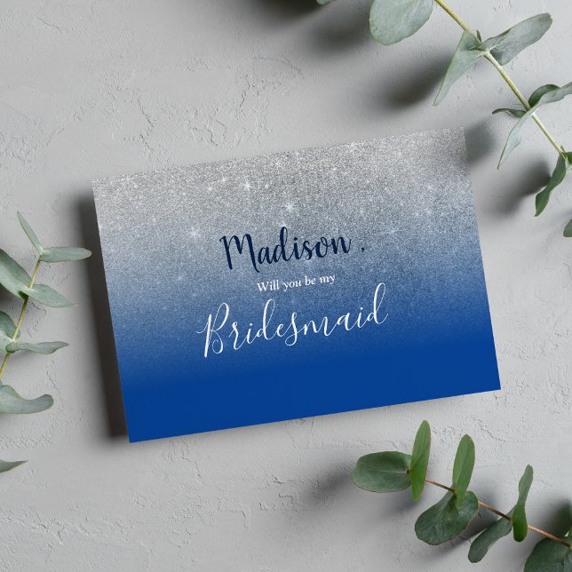 Invitación Purpurina de Bridesmaid en azul oscuro oscuro oscu (Luxury sky blue ombre silver glitter Bridesmaid Invitation)