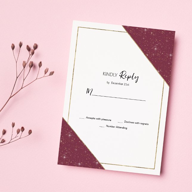 Invitación Purpurina de brillo de oro burgundy geométrico RSV (Geometric burgundy gold sparkle glitter RSVP)