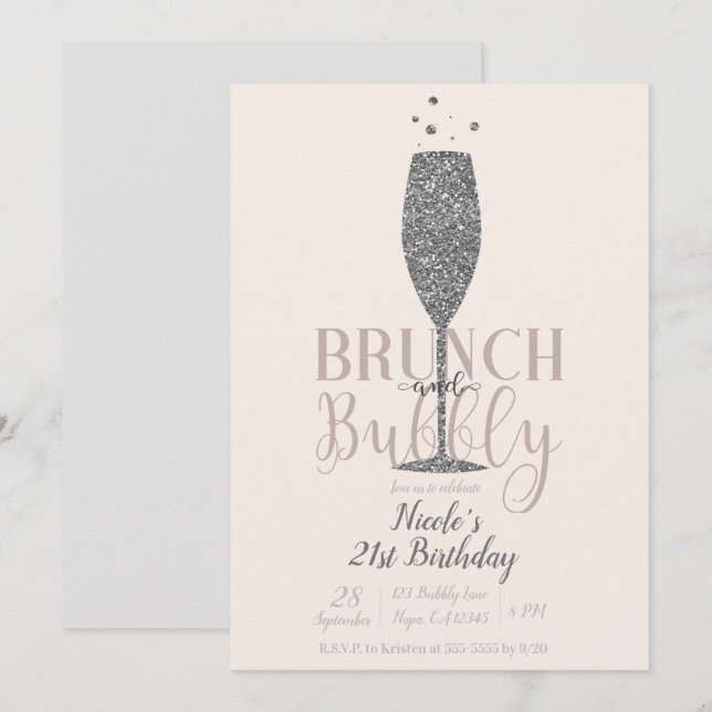 Invitación Purpurina de brunch champagne y bubbly Silver Cump (Anverso / Reverso)