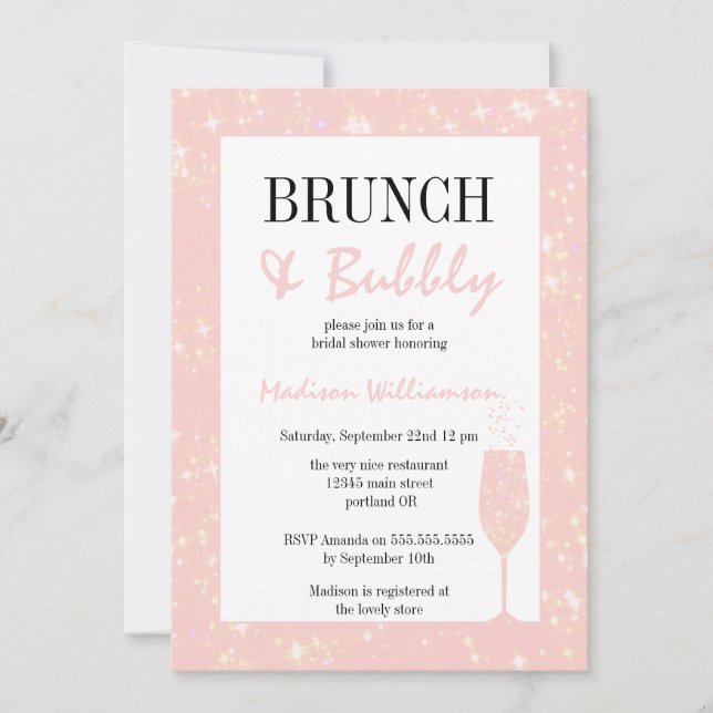 Invitación Purpurina de brunch y bubbly  Champagne Glass (Anverso)