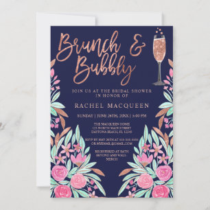 Invitación Purpurina de brunch y bubbly floral ducha de novia