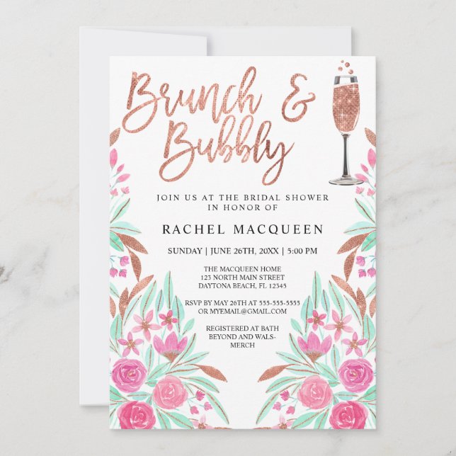 Invitación Purpurina de brunch y bubbly floral ducha de novia (Anverso)