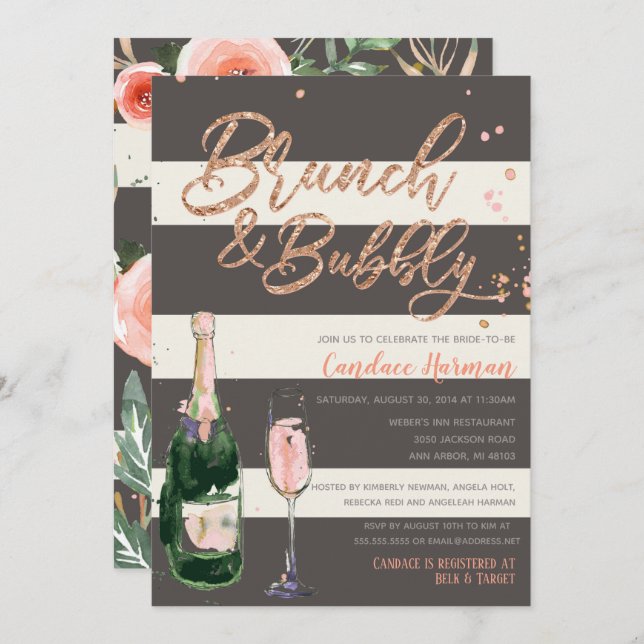Invitación Purpurina de brunch y burbuja Rosa ducha de novia  (Anverso / Reverso)