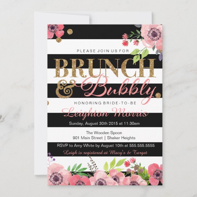 Invitación Purpurina de brunch y burbujeante ducha de novia b (Anverso)