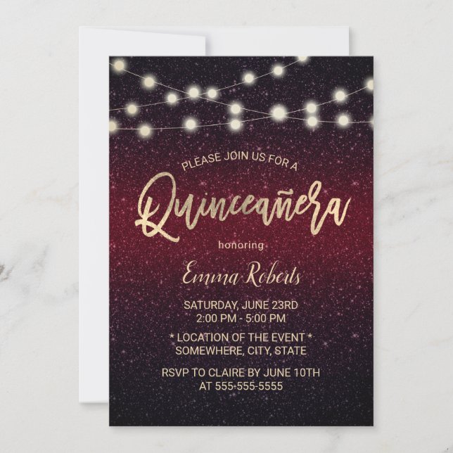 Invitación Purpurina de Burgundy Red Faux Quinceanera 15 (Anverso)