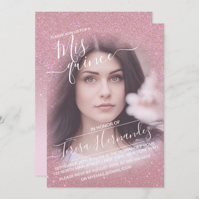 Invitación Purpurina De Burla Rosa Ombre Foto Quinceañera (Anverso / Reverso)