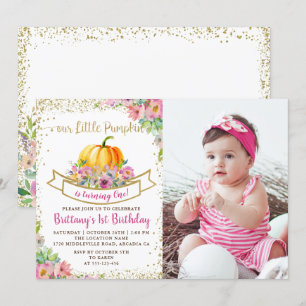 Invitación Purpurina de calabaza floral rosa Chica de cumplea