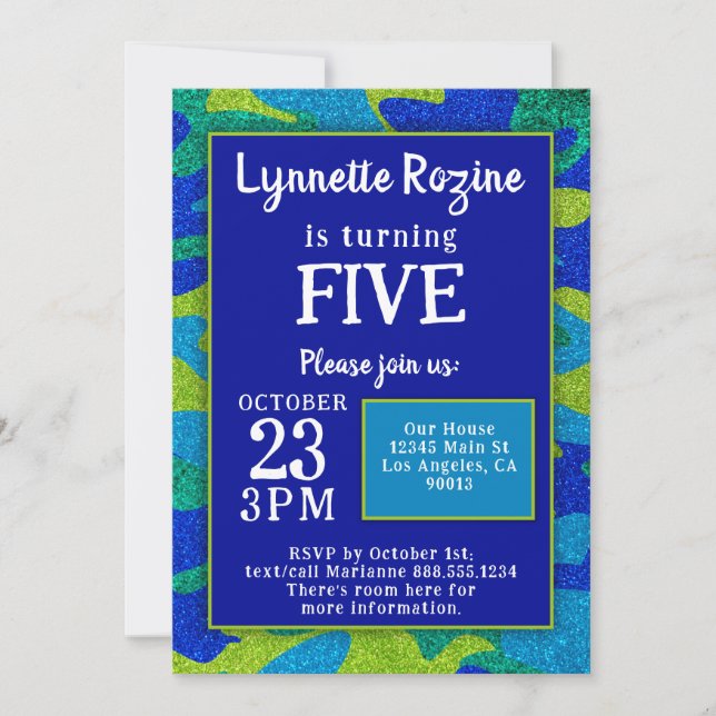 Invitación Purpurina de camuflaje familiar militar Fiesta de  (Anverso)