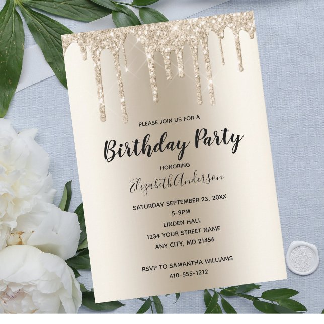 Invitación Purpurina de Champagne Drip Glam Trendy Cumpleaños (Subido por el creador)