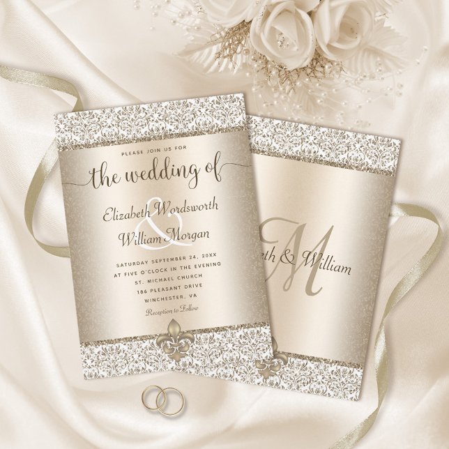 Invitación Purpurina de champagne Monogram Fleur De Lis Boda (Subido por el creador)