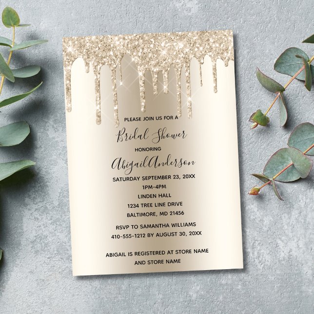 Invitación Purpurina de champán Drip Bridal Shower Glam Trend (Champagne Dripping Glitter Bridal Shower Invitation. Printed and Digital Download)