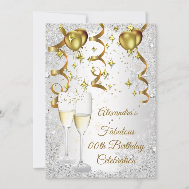 Invitación purpurina de champán fiesta plata Gold Balloon (Anverso)
