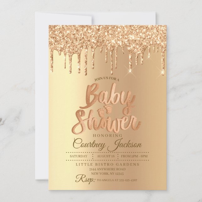 Invitación Purpurina de champaña Drip Baby Shower (Anverso)