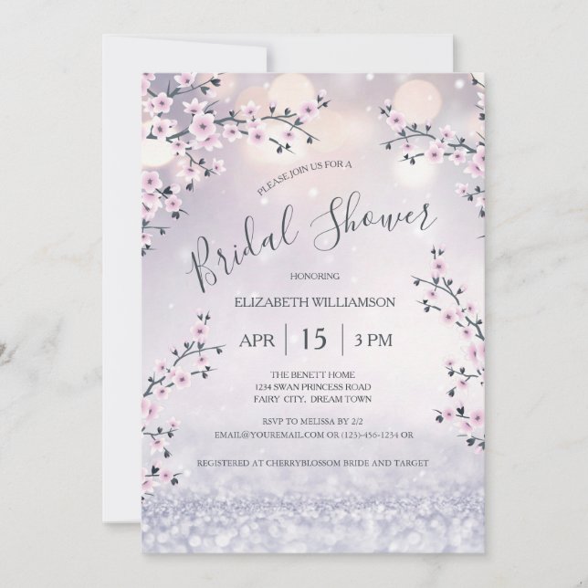 Invitación Purpurina de Cherry Blossom Mauve | Bridal Shower (Anverso)