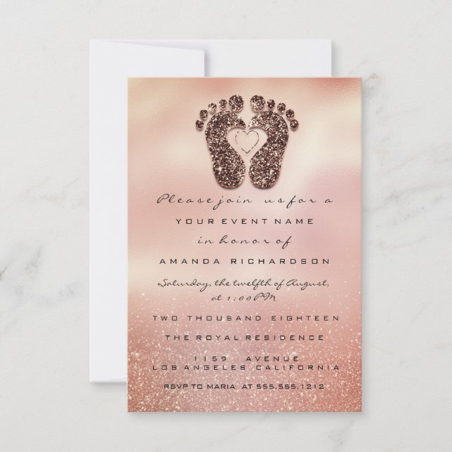 Invitación Purpurina de chispa Baby Shower pies Rosa Gold Gla (Anverso)