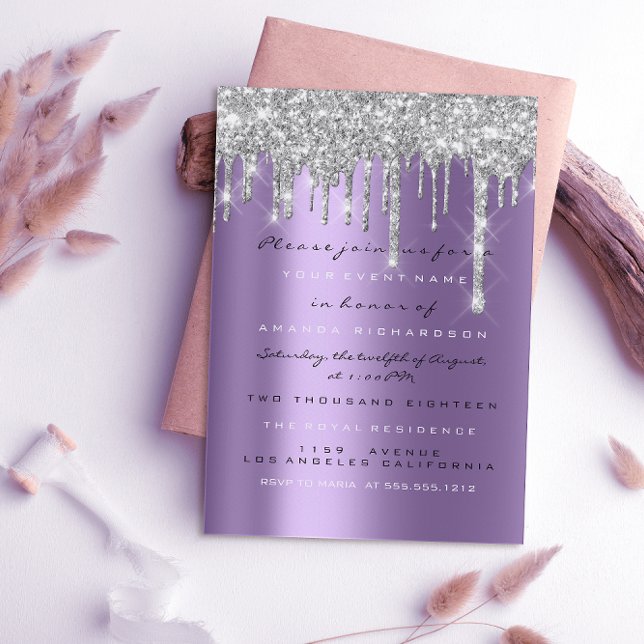 Invitación Purpurina de chispa gota plata morada novia gris 1 (Subido por el creador)