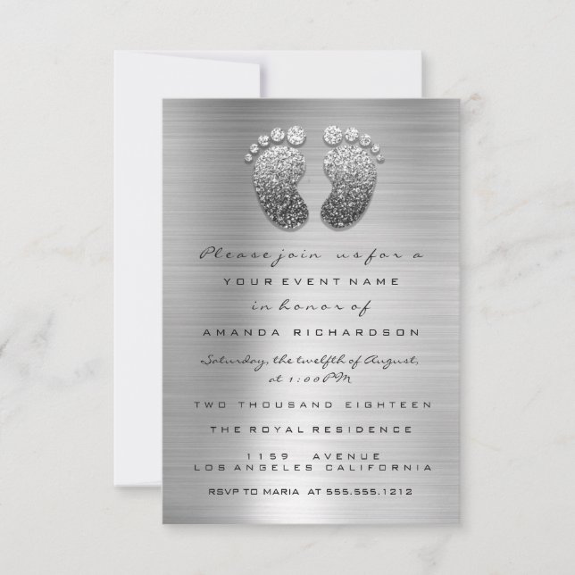 Invitación Purpurina de chispa gotea Baby Shower gris platead (Anverso)