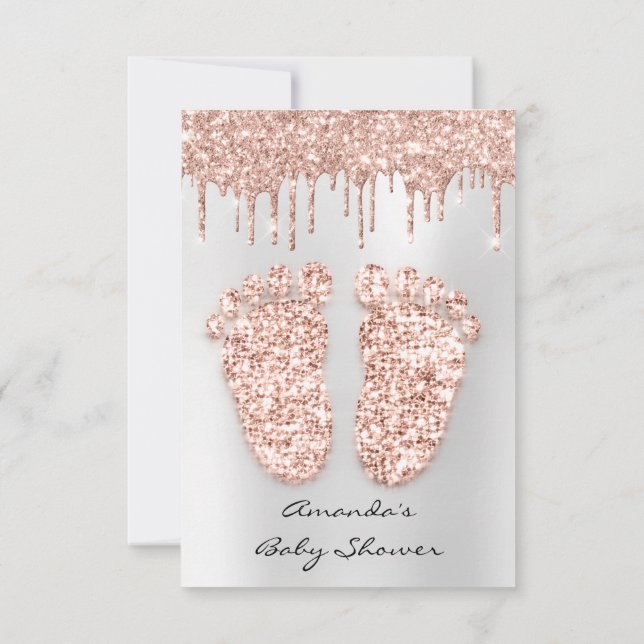 Invitación Purpurina de chispa gotea Rosa Gris Gris Bebé Pies (Reverso)