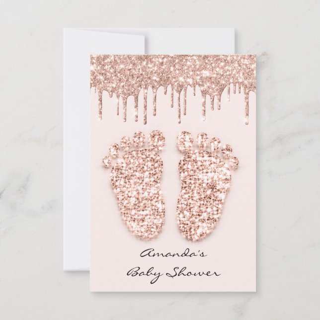 Invitación Purpurina de chispas goteo Rosa Baby Shower pies d (Reverso)