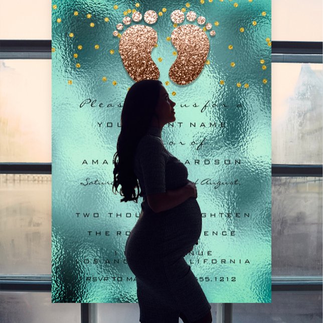 Invitación Purpurina de chispas goteo Rosa Baby Shower Verde  (Spark Glitter Drips Rose Gold Baby Shower Teal Invitation)