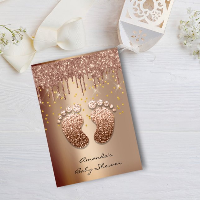 Invitación Purpurina de chispas goteo Rosa de oro Baby Shower (Spark Glitter Drips Rose Gold Baby Shower Foot Invitation)