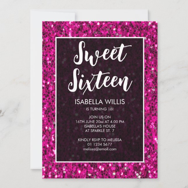 Invitación Purpurina de chispas rosadas calientes Sweet 16 gu (Anverso)