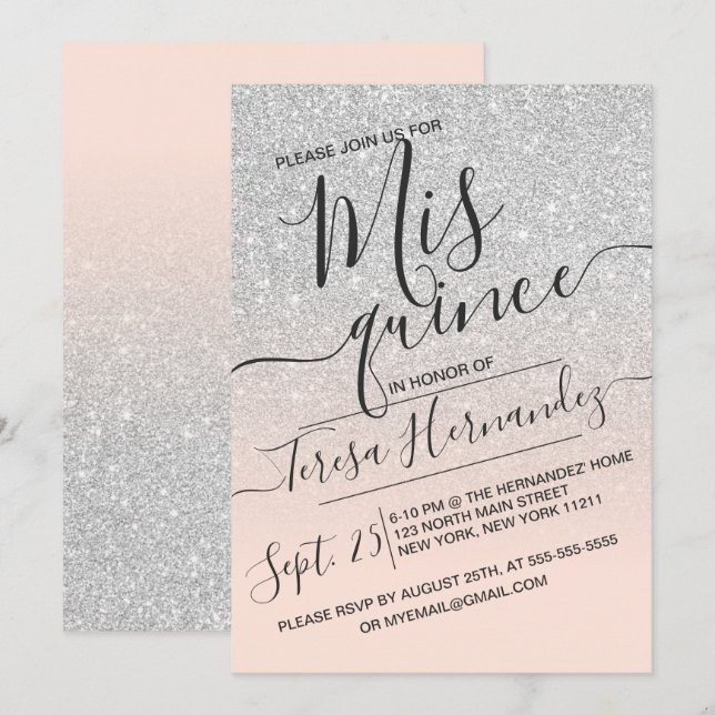 Invitación Purpurina de chispas rosadas Ombre Quinceañera (Anverso / Reverso)