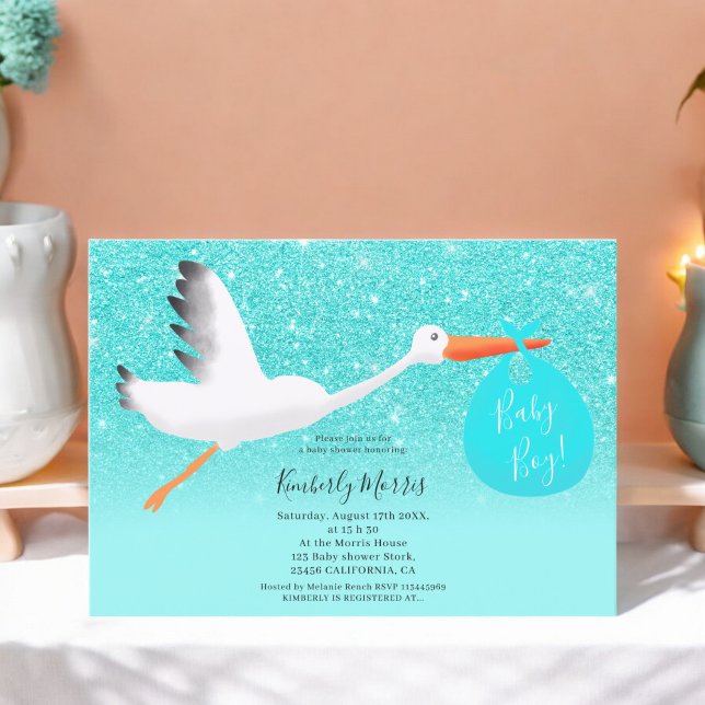Invitación Purpurina de cigüeñas ilustracion bebé ducha (Stork glitter bag illustration baby boy shower invitation)