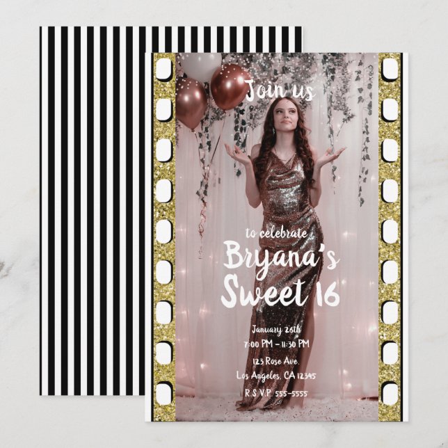 Invitación Purpurina de cine de Hollywood Película de oro dul (Anverso / Reverso)