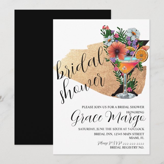 Invitación Purpurina de cócteles botánicos Black Bridal Showe (Anverso / Reverso)