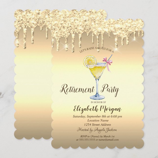 Invitación Purpurina de cola de limón dorado baja jubilación (Anverso / Reverso)