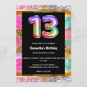 Invitación purpurina de color arcoiris de 13 años fiesta colo