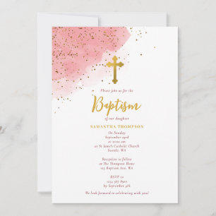 Invitación Purpurina de color de agua rosa Cruz de oro Chica 