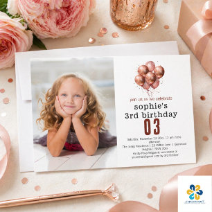 Invitación Purpurina de color de agua Rosa Globo de oro terce