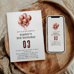 Invitación Purpurina de color de agua Rosa Globo de oro terce