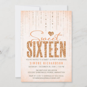 Invitación Purpurina de color Peach Look Sweet 16 (Dieciséis)