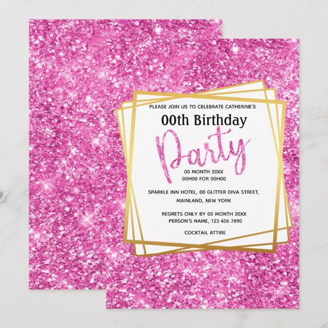 Invitación Purpurina de confeti rosa edad de fiesta elegante (Anverso / Reverso)