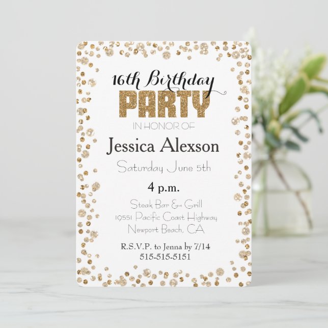 Invitación Purpurina de Confetti de Oro 16º cumpleaños (Anverso de pie)