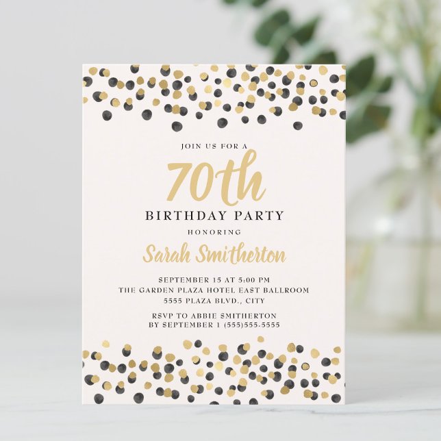 Invitación Purpurina de Confetti de Oro Negro Blanco 70 cumpl (Black and gold confetti on white 70th birthday party invitation)