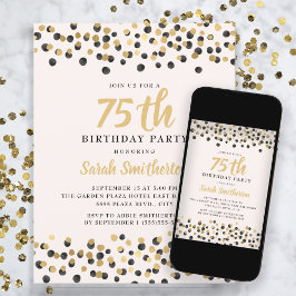 Invitación Purpurina de Confetti de Oro Negro Blanco 75º cump